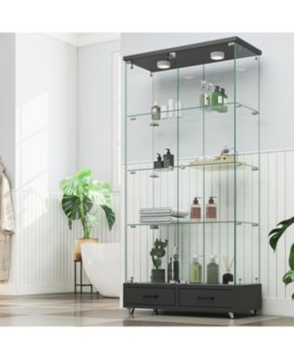 Black Glass Display Cabinet w/ Drawers & LED Lights