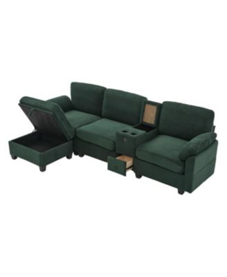  L-Shape Corduroy Sofa- 4-Seater, USB, Storage, Console & Ottoman