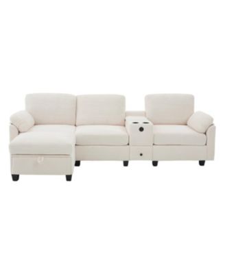  L-Shape Corduroy Sofa- 4-Seater, USB, Storage, Console & Ottoman