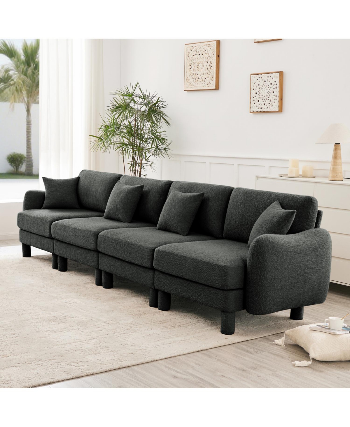 Streamdale Furniture Streamdale Dark Grey Boucle 4-Seater Sofa with Shell Armrests