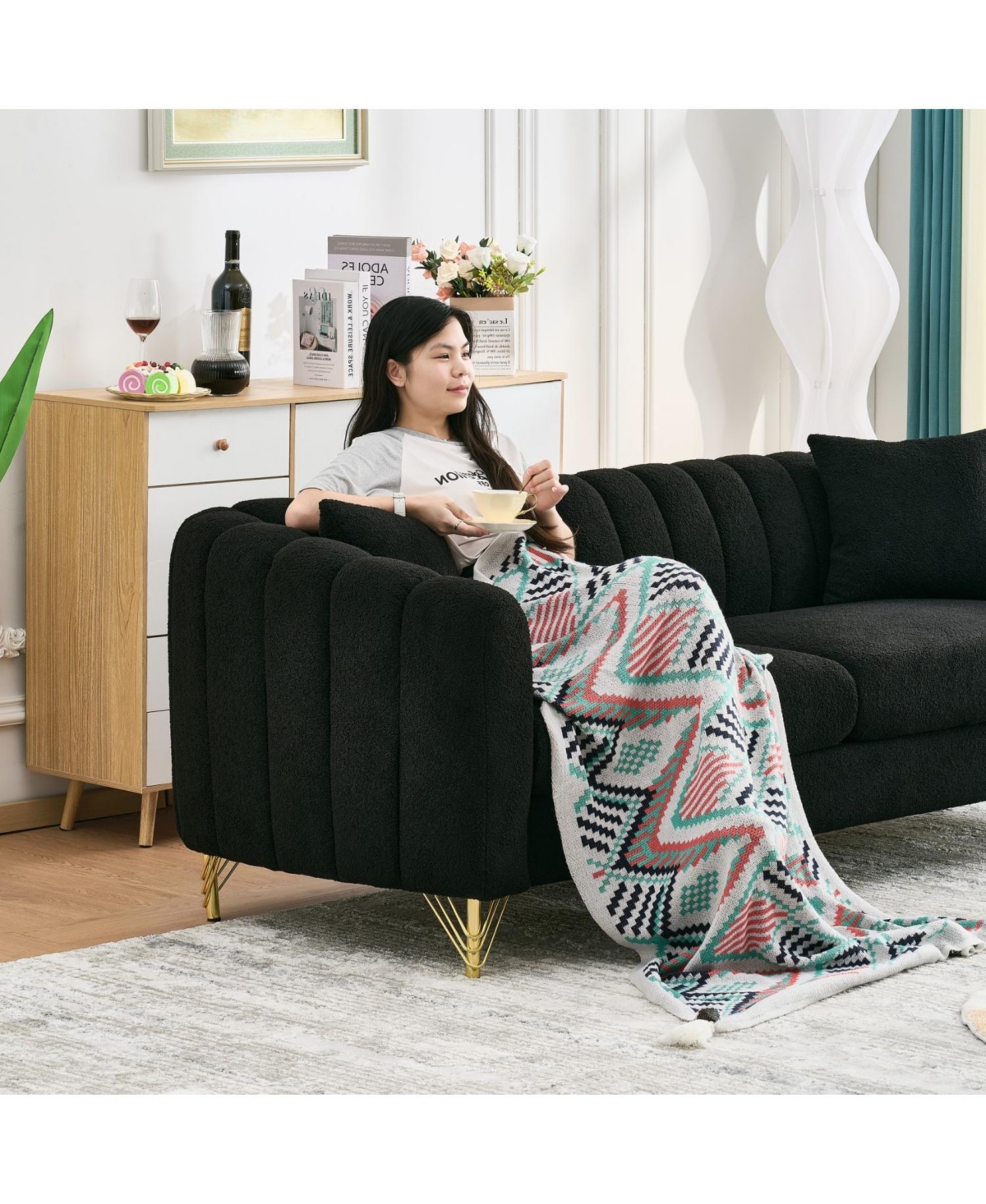 Streamdale Furniture Streamdale Oversized Chenille Sofa, Modern Tufted Couch, Gold Legs