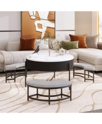 Round Lift-Top Coffee Table with Storage & 3 Ottoman