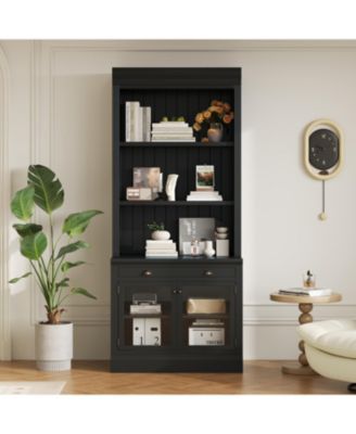Modern Bookcase with Glass Doors & Drawer - Black