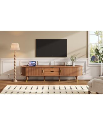 Streamdale Wooden Oval TV Stand with Charging Station, Mid-Century Media Console, Walnut