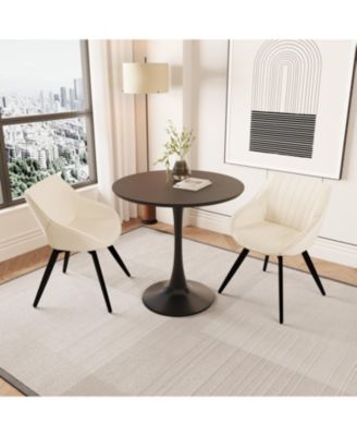 Black MDF 31.5" round dining table set with 2 faux leather chairs