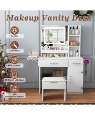 Streamdale Vanity Desk with LED Mirror Power Outlet 3 Drawers 7 Shelves & Stool