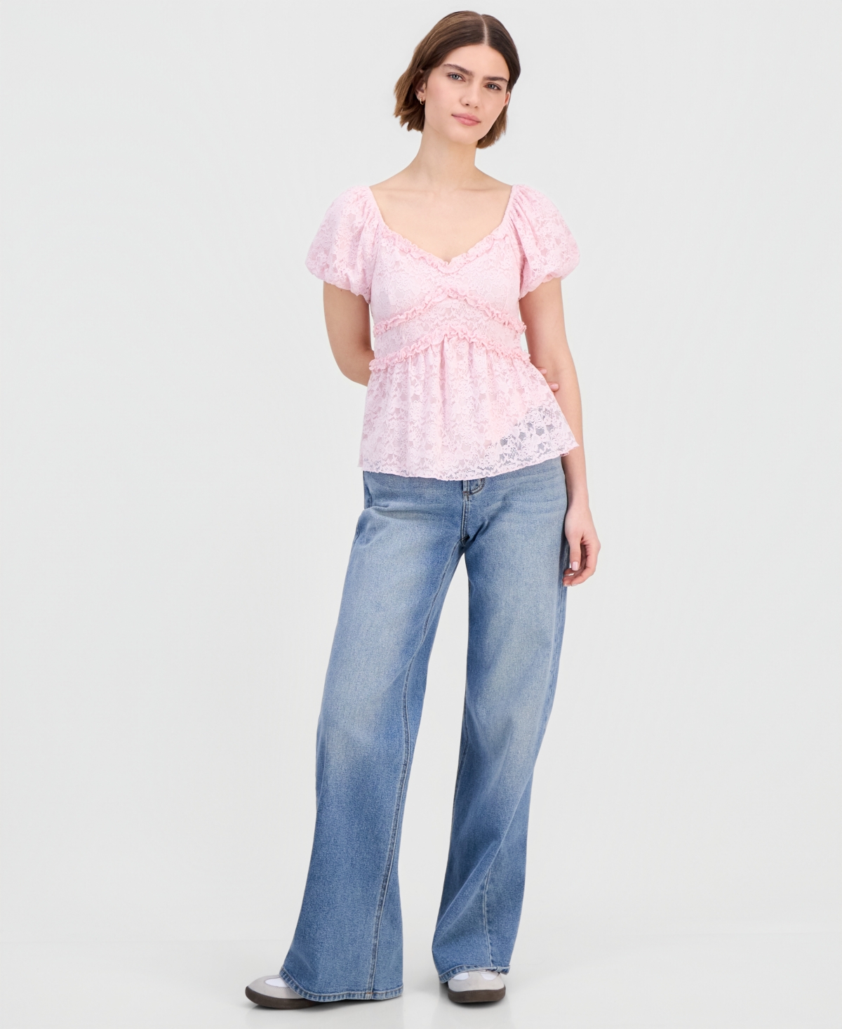 Madden Girl Juniors' Lace Puff-Sleeve Babydoll Top