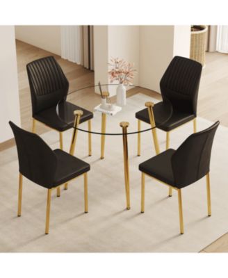39.7" Glass Dining Table & 4 PU Chairs - Gold Legs