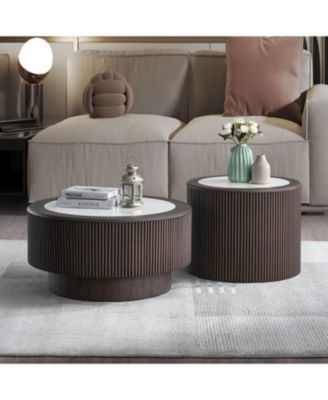 Marble Pattern Coffee Table Set - Round End Tables, Dark Brown