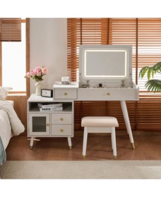  Vanity Desk with Lighted Mirror, Stool & Drawers - White