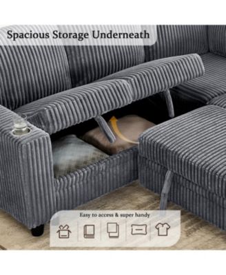 L-Shaped Sectional Sofa Bed- Pull-Out, Storage, USB, Corduroy