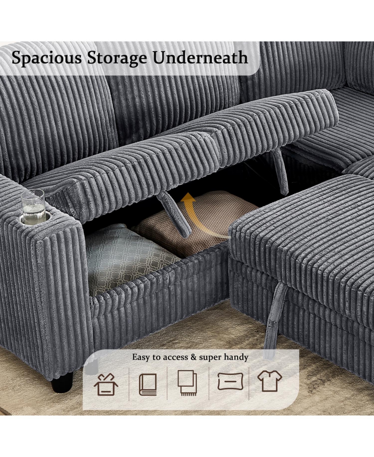 Streamdale Furniture L-Shaped Sectional Sofa Bed- Pull-Out, Storage, Usb, Corduroy