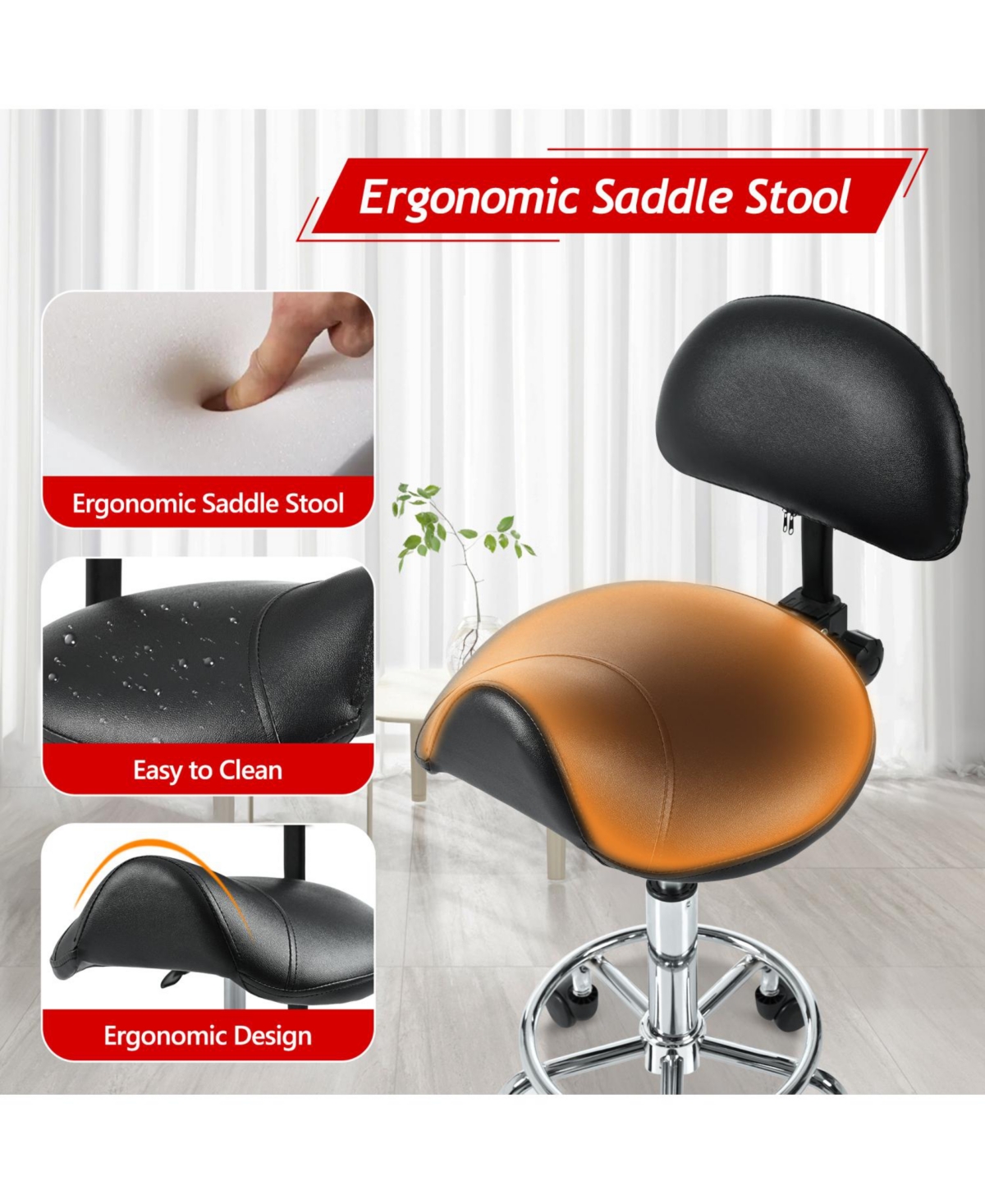 Streamdale Furniture Ergonomic Saddle Stool with Back & Foot Rest, Rolling Adjustable Swivel Chair