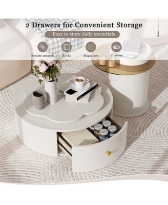 Modern Round Coffee Table Set, Rotatable Top & Drawers