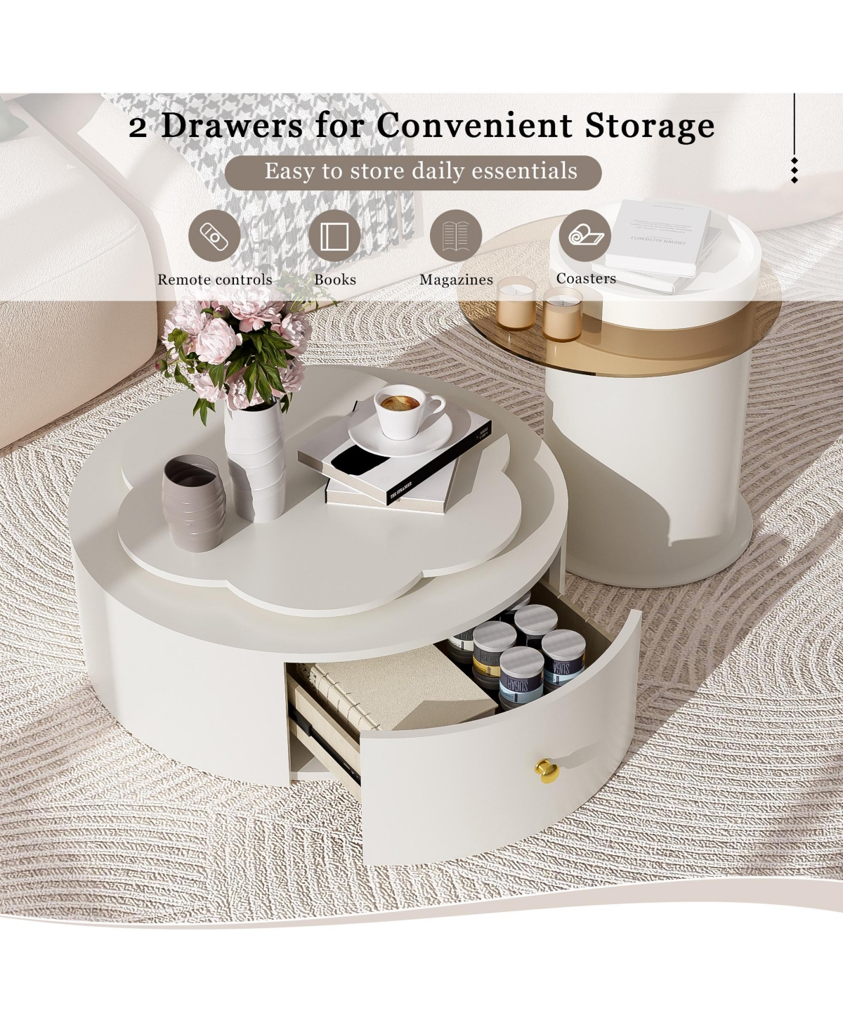 Streamdale Furniture Modern Round Coffee Table Set, Rotatable Top & Drawers