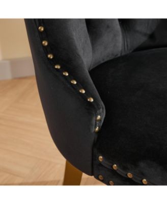 Mid-Century Tufted Velvet Dining Chairs, Lion Head Ring, Gold Legs, Blue, 2-Pcs