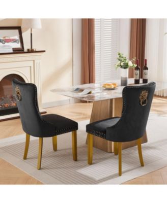 Mid-Century Tufted Velvet Dining Chairs, Lion Head Ring, Gold Legs, Blue, 2-Pcs