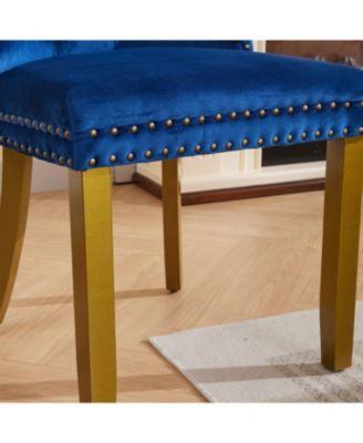 Mid-Century Tufted Velvet Dining Chairs, Lion Head Ring, Gold Legs, Blue, 2-Pcs
