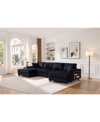 Convertible Corduroy U-Shaped Sofa, Modern 4 Seat Couch