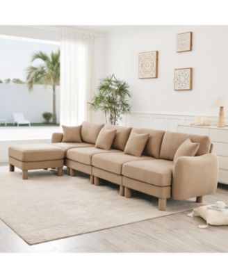 Boucle Convertible Sectional Sofa with Ottoman - Coffee