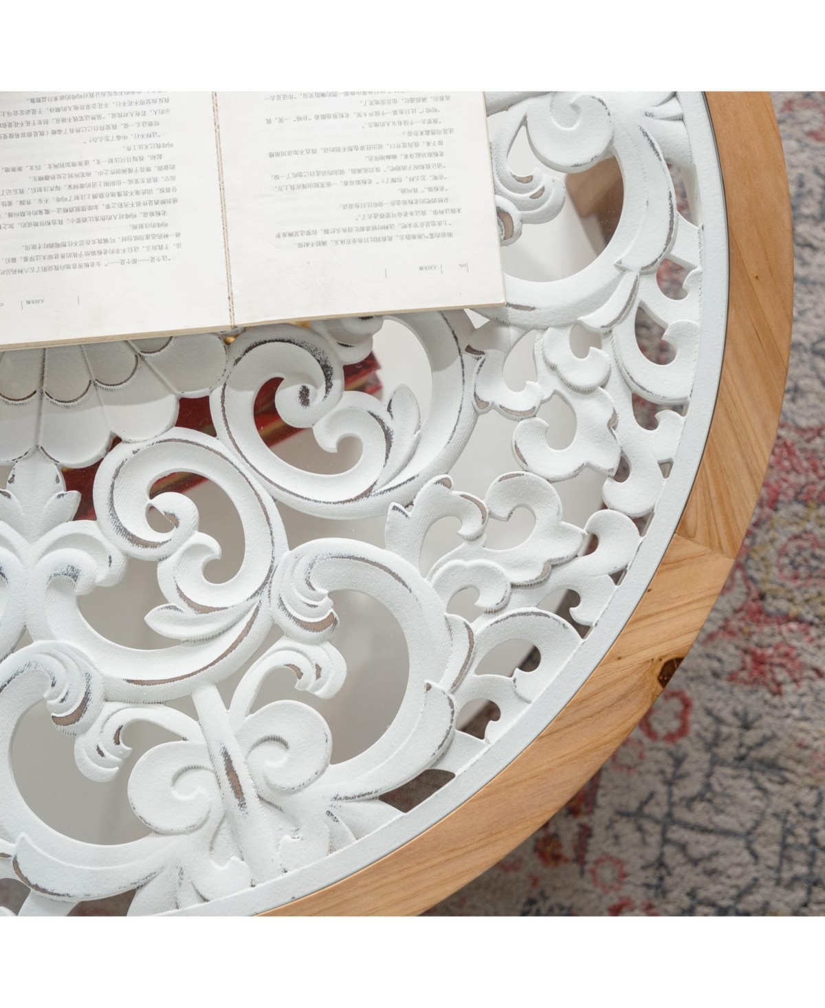 Streamdale Furniture Streamdale Round Wood Coffee Table, Glass Top, Curved Legs