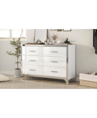  Elegant High Gloss Dresser with Metal Handle, Mirrored Storage Cabinet with 6 Drawers
