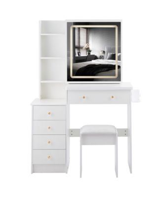 37" Bedside Vanity Table Set with - Cushioned Stool - AC/USB Sockets - Hair Dryer Stand - Touch Control LED Mirror