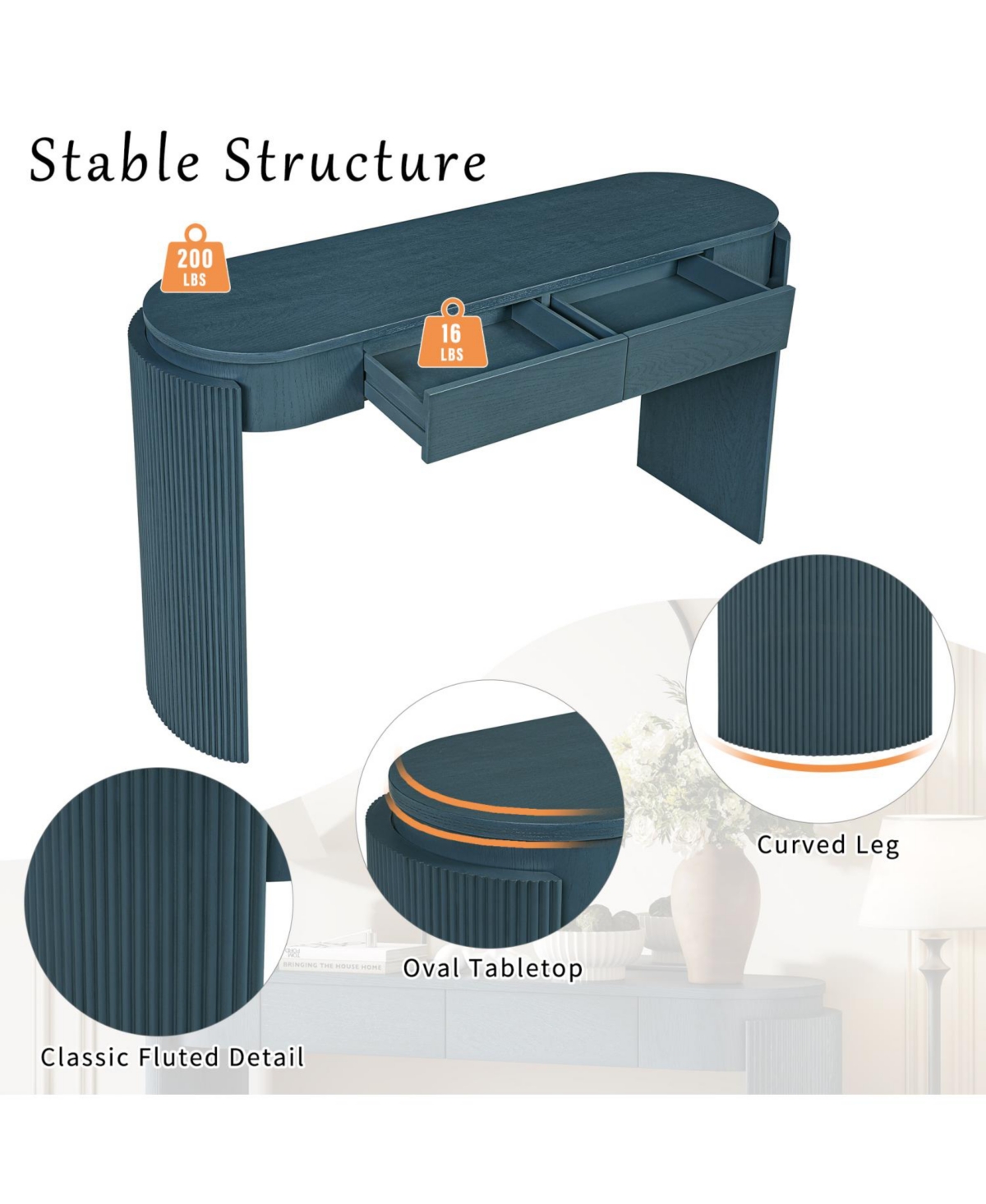 Streamdale Furniture Navy Oval Console Table with Fluted Design & 2 Drawers