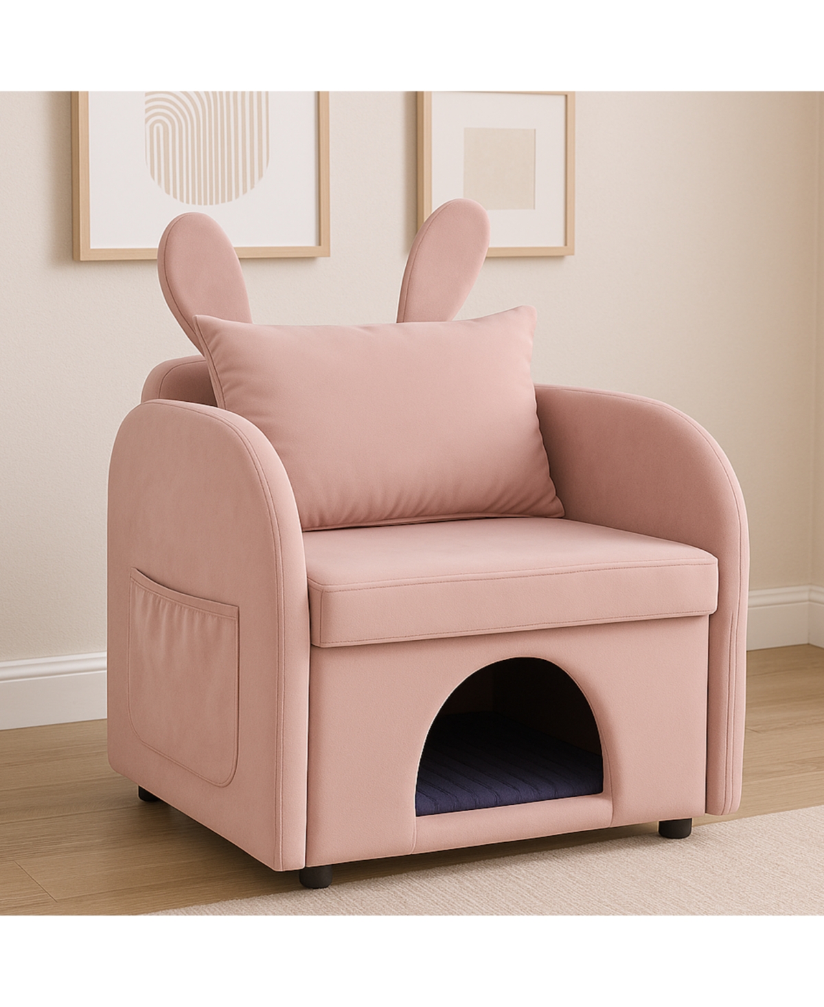 Streamdale Furniture Velvet Pink Bunny-Ear Pet-Friendly Armchair with Cat & Dog Hideaway