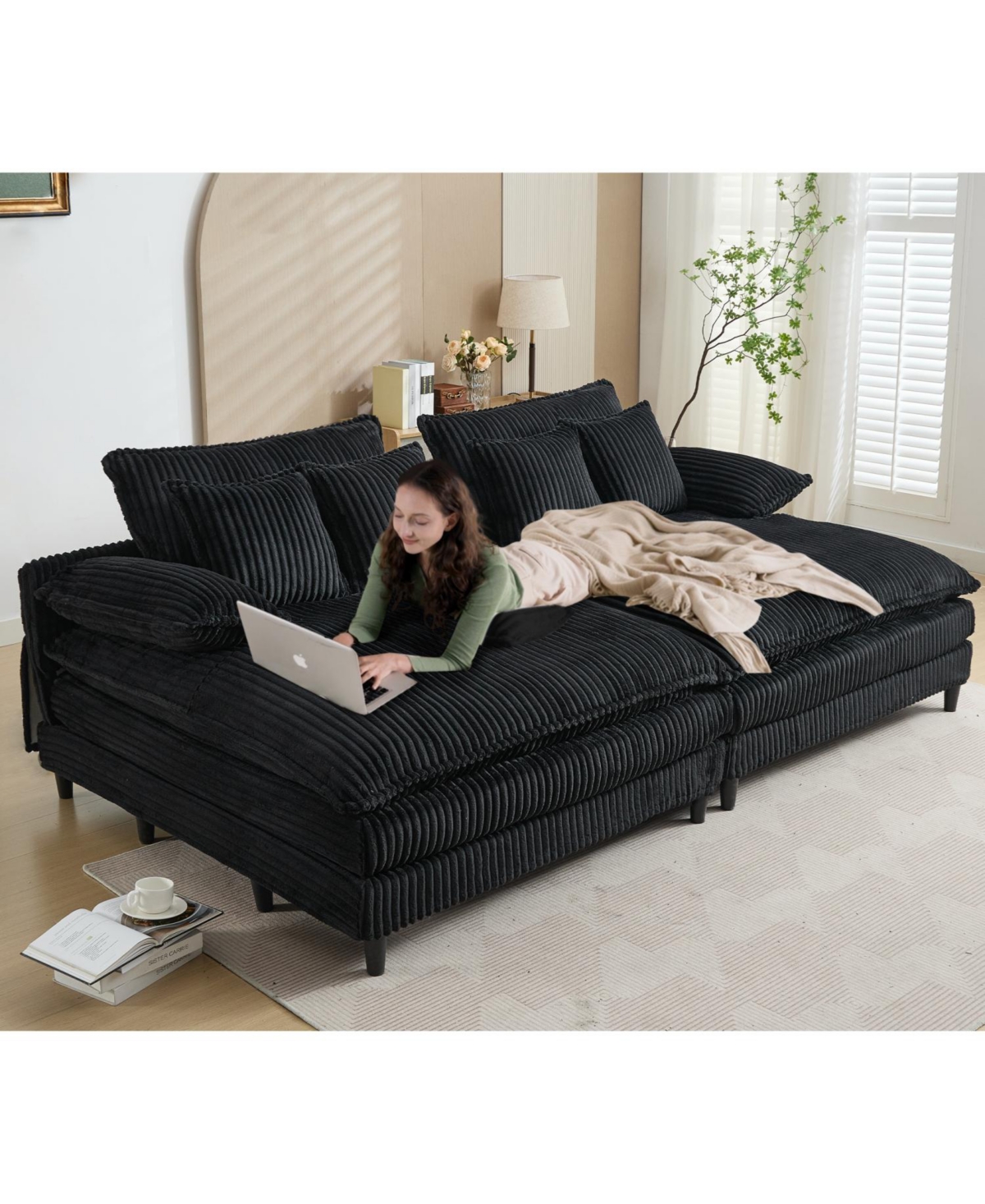 Streamdale Furniture Oversized Corduroy Chaise Lounge Sofa Bed with Pillows - Black