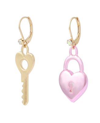 Faux Stone Sweetheart Lock Key Drop Earrings