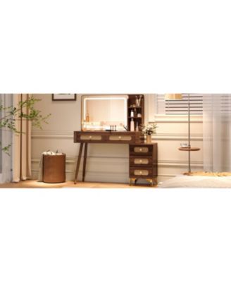 47" Lighted Vanity Desk with Rattan Drawers - Dark Walnut