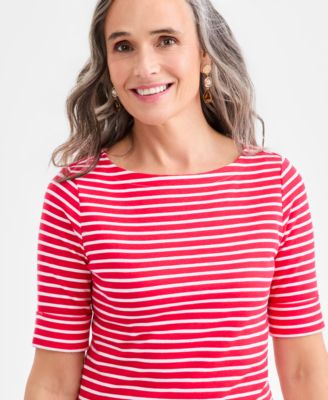Women's Printed Boat-Neck Elbow-Sleeve Top