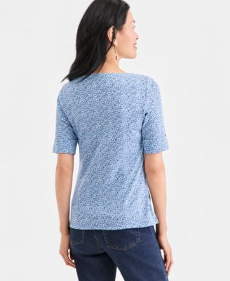 Women's Printed Boat-Neck Elbow-Sleeve Top