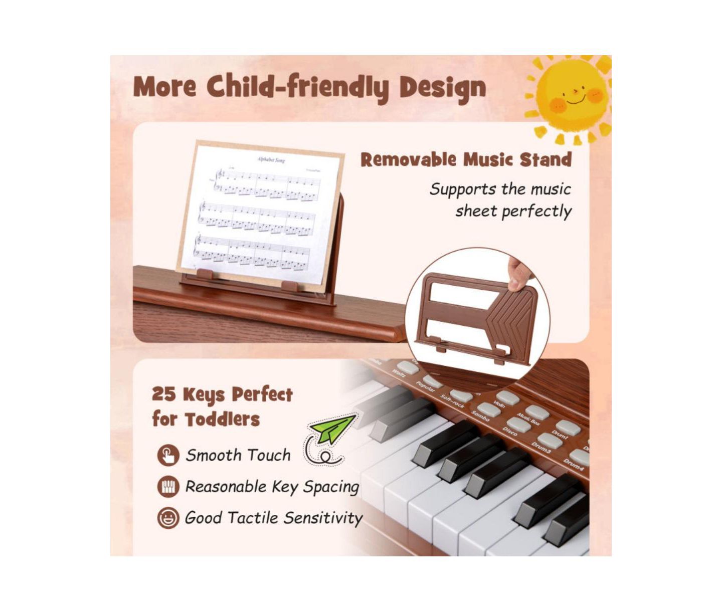 Детская игрушка HONGGE Kids' Digital Piano Keyboard with Light-Up Keys and Demo Songs, Ages 3+, цвет: Коричневый — фото 7