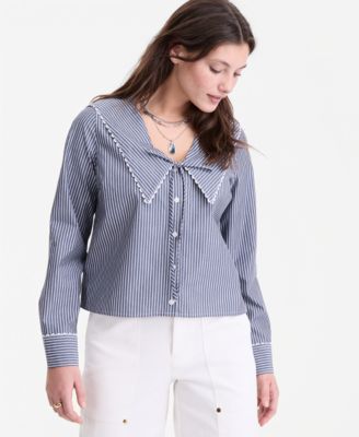 Women's Lace Trim Sailor Collar Long-Sleeve Blouse
