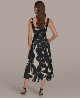 Women's Sleeveless Square Neck Floral A-Line Midi Dress