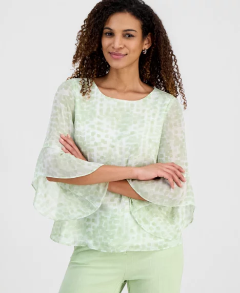 Women's Printed Ruffle-Sleeve Blouse, Regular & Petite - Celery Multi