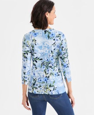 Women's Printed Pima Cotton 3/4-Sleeve Boat-Neck Top