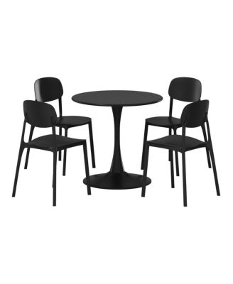 5-Piece Indoor Outdoor Metal Round Patio Dining Table Set With Stackable Resin Patio Side Chairs