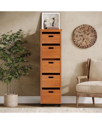 Slim Vertical Tower Unit with Wheels, Tall Narrow Wood Organizer Tower, Walnut Brown