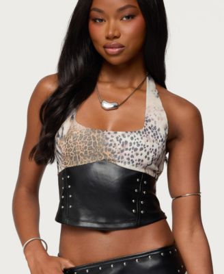 Women's Letta Printed Chiffon Faux Leather Top