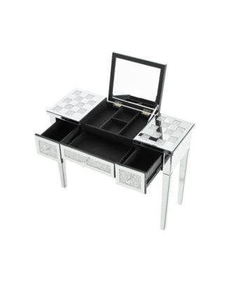 Mirrored Vanity Desk, Crushed Diamond Inlay, Flip-Top Mirror, Silver