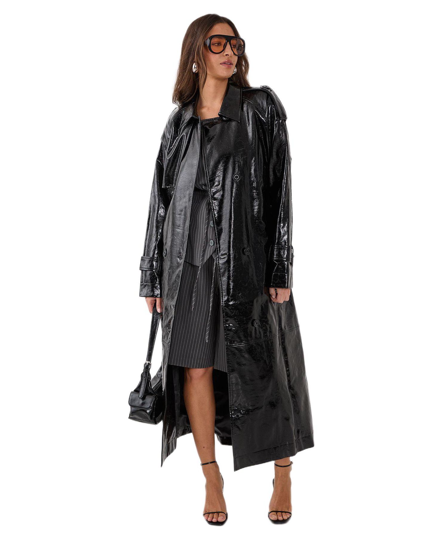 Women's High Shine Faux Leather Trench Coat