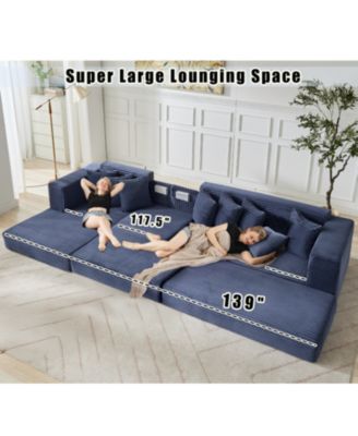 Streamdale Oversize Cloud Couch L-Shape Sleeper Sofa Bed, 8 Pillows, Corduroy, Blue