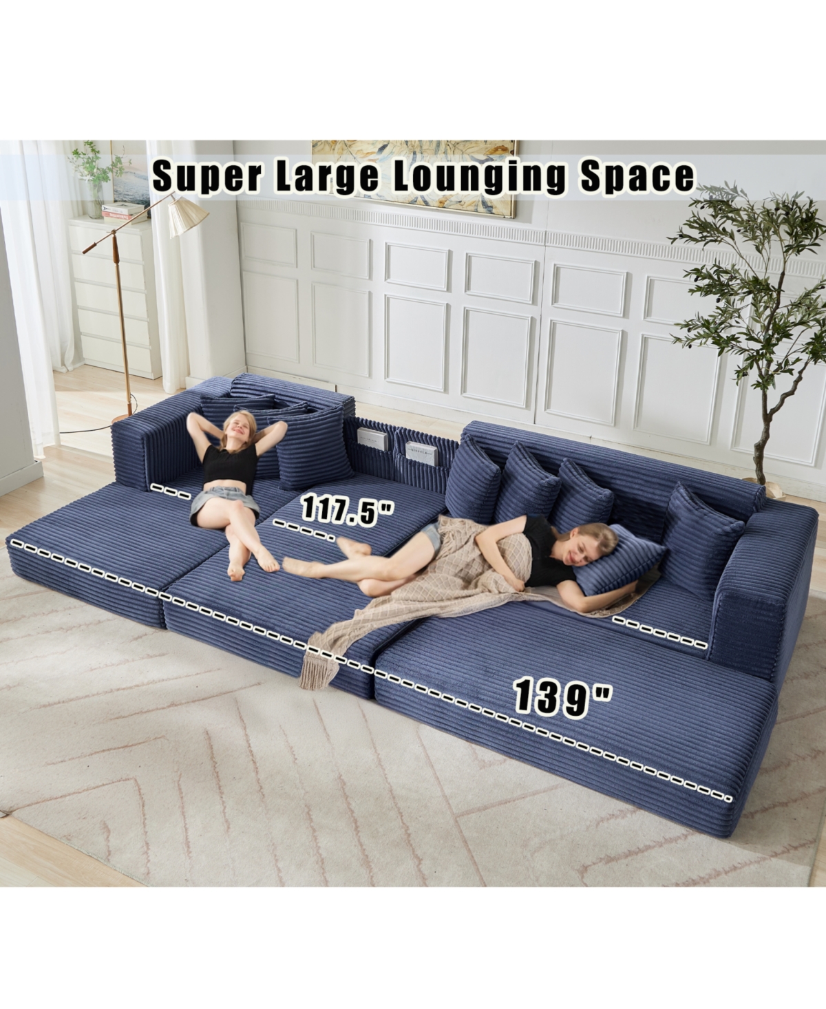 Streamdale Furniture Streamdale Oversize Cloud Couch L-Shape Sleeper Sofa Bed, 8 Pillows, Corduroy, Blue