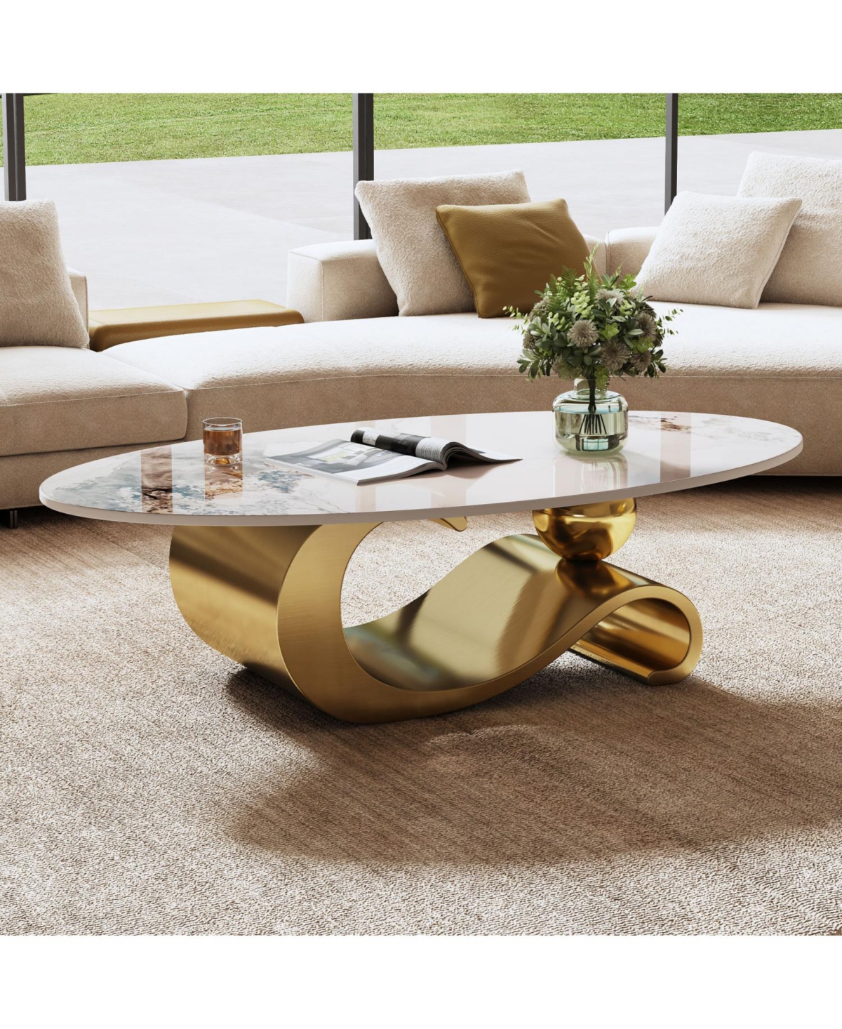 Streamdale Furniture 49" Faux Marble Oval Coffee Table, Gold Base