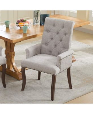 Beige Chenille Dining Chair, Tufted, Wood Legs