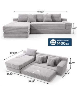 L-Shaped Corduroy Sectional Sofa Bed - Light Gray