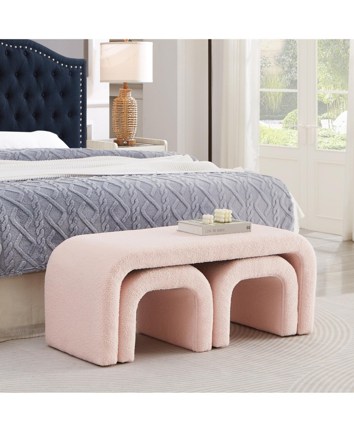 Streamdale Furniture U-Shaped Teddy Ottoman Bench Set of 3- Pink